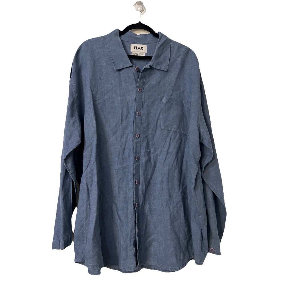 FLAX 100% Linen Button-Up Shirt  Blue Men's relaxed Size Large